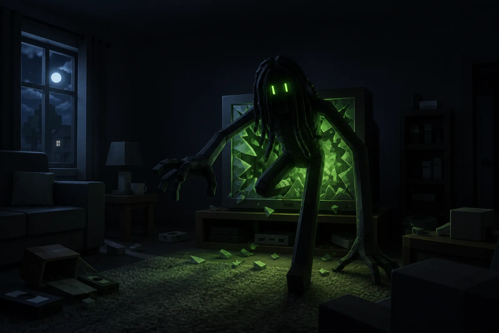 The Locust climbing out of a shattered television in a dark living room, lit acid green from inside the broken screen
